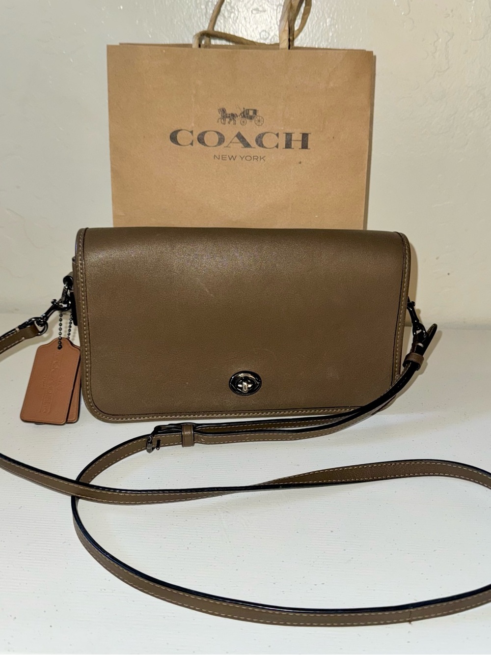 Coach Turnlock Crossbody Bag in Glovetanned Leather (Style #57325) 2016 Taupe - Picture 15 of 15
